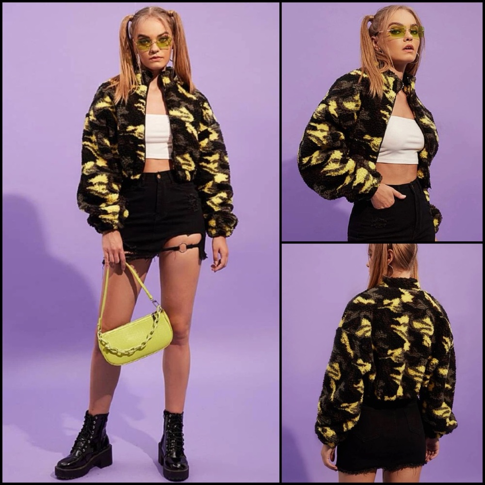 Fuzzy Camo Teddie Teddy Crop Cropped Jacket Coat